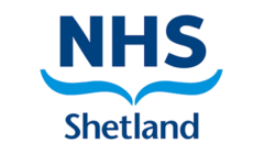 The image shows the logo for NHS Shetland, featuring "NHS" in large blue letters above blue curved lines and the word "Shetland" in smaller letters below.