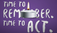 A lit candle against a purple background with the text "Time to Remember. Time to Act." in white capital letters.