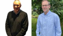 Two men in glasses standing side by side; the one on the left wears a black sweater and the one on the right wears a light blue shirt. The background of the left image is plain white, and the right has greenery.