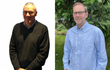 Two men in glasses standing side by side; the one on the left wears a black sweater and the one on the right wears a light blue shirt. The background of the left image is plain white, and the right has greenery.