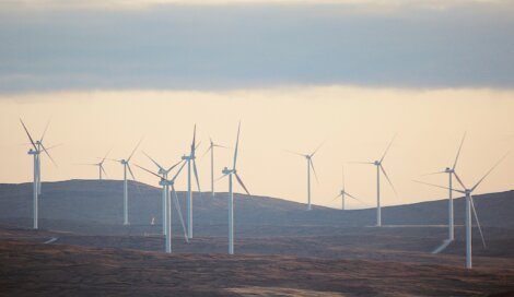 A distant view of numerous wind turbines on a barren landscape under an overcast sky.