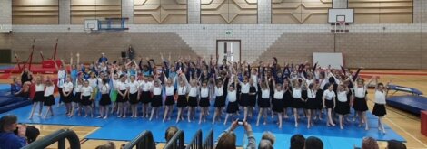 A large group of children perform a gymnastics routine in a gymnasium, with some standing and raising their arms. Spectators are seated in the foreground, watching the performance.