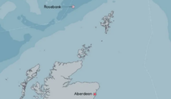 Map showing the geographic locations of rosebank and aberdeen on a coastal outline.