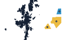 Map showing orkney islands with highlighted regions and numerical labels.