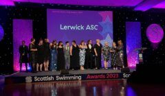 Group of individuals on stage at the scottish swimming awards 2023.