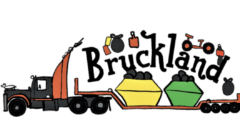 Illustration of a truck carrying two skips filled with various items, with the text "Bruckland" above. Decorated with images of tools, a suitcase, and a wheelbarrow around the text.