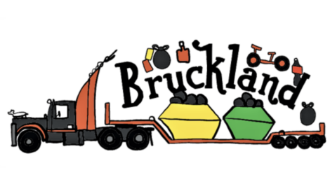 Illustration of a truck carrying two skips filled with various items, with the text "Bruckland" above. Decorated with images of tools, a suitcase, and a wheelbarrow around the text.