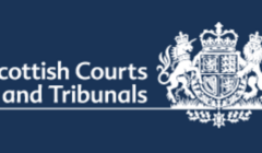 Logo of the scottish courts and tribunals featuring a coat of arms on a dark blue background.