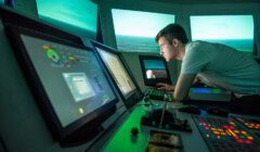 A man intently monitors navigation screens in a ship's bridge simulator.