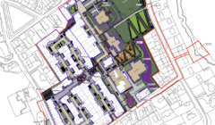 Technical drawing of a site plan with color-coded zoning and layout details.