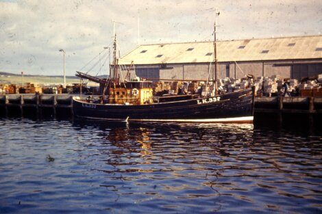 Fishing boat moored at a dock with warehouses in the background.