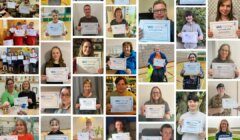 A collage of people holding certificates that say vas.