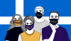 Four illustrated individuals wearing masks with the hashtag "#metoo" against a blue and white striped background.