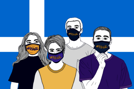 Four illustrated individuals wearing masks with the hashtag "#metoo" against a blue and white striped background.