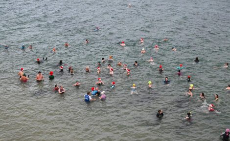 A group of people swimming in the water.