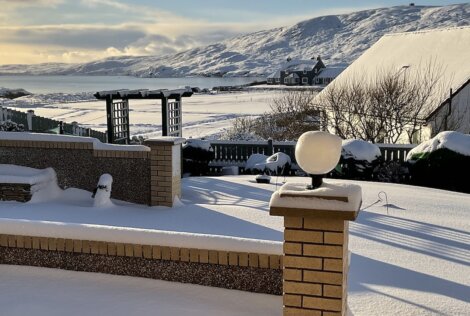 A snow covered yard with a lamp post in the background.