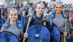 A group of girls in viking costumes.