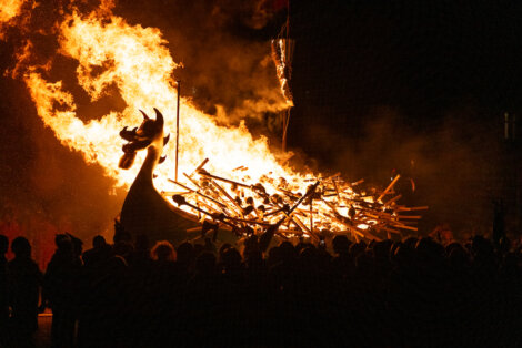 A large group of people watching a bonfire.