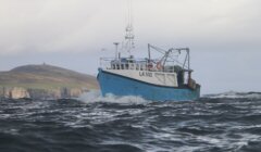 A blue and white boat in the ocean.