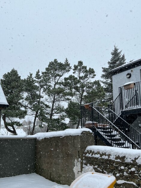 A house is covered in snow with a snow shovel.