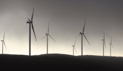 A group of wind turbines on a hill.