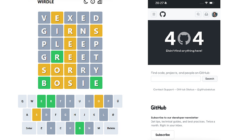 A split-screen image; on the left is the game wordle with several attempts made, and on the right is a github 404 error page.