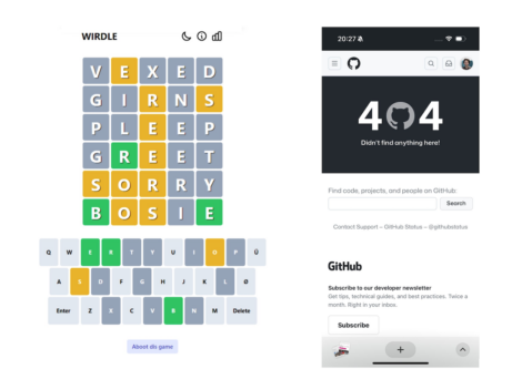 A split-screen image; on the left is the game wordle with several attempts made, and on the right is a github 404 error page.