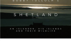 Audiobook cover for "bobby tulloch's shetland: an islander, his islands, and their wildlife" read by caroline keith, featuring a seascape at dusk.