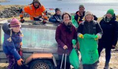 Group of volunteers participating in a coastal cleanup activity on a sunny day.