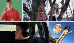 A collage of four images featuring children in different settings: a boy signing in front of a green background, two children playing in a tree, a boy with headphones sitting in a car, and a girl holding a paint palette outside.