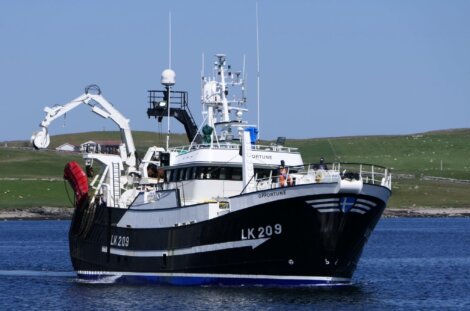 Fishing vessel "opportune lk209" anchored near the coast on a clear day.