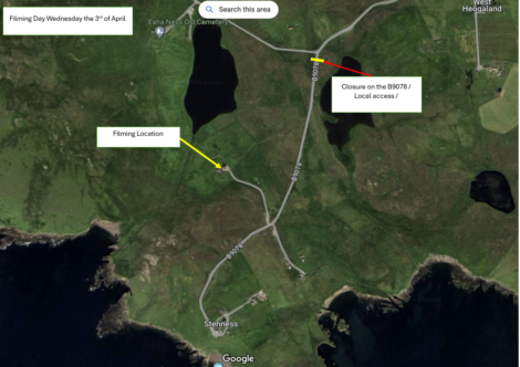 Aerial map showing a filming location with marked road closures and local access points.