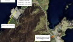 Satellite map highlighting a filming location at dales voe with road closure information for specific dates and times.