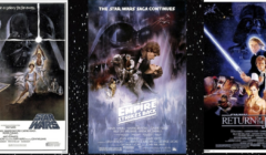 A triptych of original movie posters for the original star wars trilogy: "star wars," "the empire strikes back," and "return of the jedi.