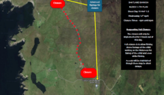 Aerial map showing a river with marked closure points and a dotted line indicating the path of a temporary closure, with an information box detailing schedule and safety notes.