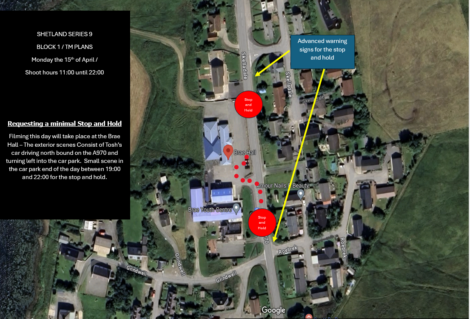 Aerial view of a residential area with annotated map markers and lines indicating planned stop and hold points for filming.