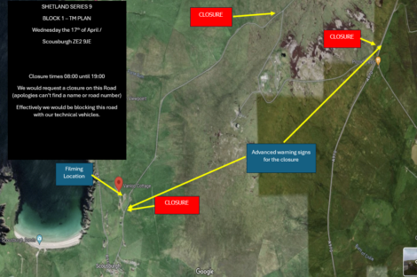 Aerial map highlighting road closures with labeled markers and arrows pointing to a filming location, a road closure, and advance warning signs.