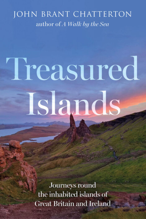 Book cover of "treasured islands" by john chatterton, featuring a dramatic landscape with rocky hills and a golden sunset over a tranquil lake.