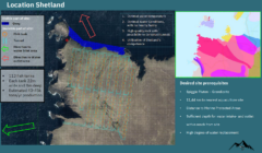 Map of a proposed aquaculture site in shetland with key features labeled, including fish tank layouts and desired site prerequisites highlighted.