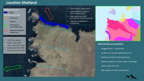 Map of a proposed aquaculture site in shetland with key features labeled, including fish tank layouts and desired site prerequisites highlighted.