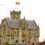 Lerwick town hall in shetland with a red flag fluttering atop, featuring a stone facade and clock tower against a cloudy sky.