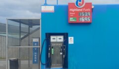 Diesel fuel pump station with price signage displaying diesel at 153.9p per litre and hvo diesel at 169.5p per litre.