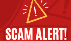 Illustration of a red alert sign with a yellow triangle containing an exclamation mark and the text "scam alert!" on a red background.