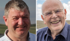 Split image showing two smiling men; one middle-aged with dark hair on the left, and an elderly bald man on the right, set against outdoor backgrounds.