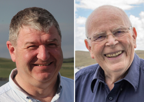 Split image showing two smiling men; one middle-aged with dark hair on the left, and an elderly bald man on the right, set against outdoor backgrounds.