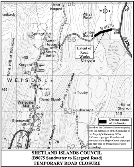 Map showing temporary road closure on b9075 sandwater to kergord road in shetland islands, including surrounding geographical features and roads.