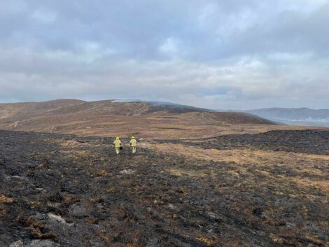 Two individuals in high-visibility jackets survey a charred landscape after a fire.