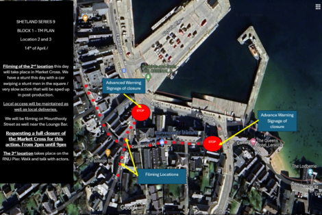 Aerial map indicating upcoming film shoot locations with marked streets, warning sign placements, and route changes in a shoreline town area.