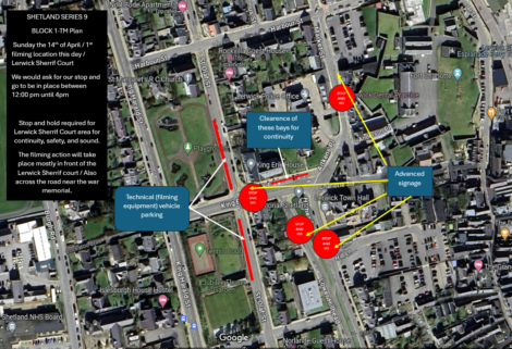 Map with annotated routes and markers indicating road closures and locations of technical equipment near bricktown city hall.