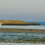 Two boats near a rocky breakwater in calm waters with seaweed visible at low tide and a clear sky.